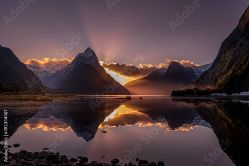 Golden skies and reflections Milford Sound, New Zealand