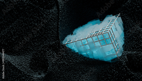 Blue Tech cube surrounded by electromagnetic particles