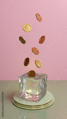 Falling gold coins freezing and stuck in ice cube. photo