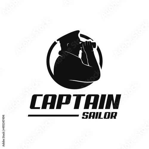 silhouette of captain holding binoculars in a circle, sailor logo