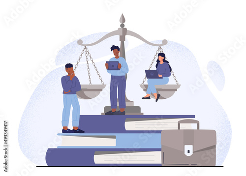 Law and Justice abstract concept. Men and women stand on books next to scales, work on laptop and think about legal issues. Lawyer or notary services. Cartoon contemporary flat vector illustration