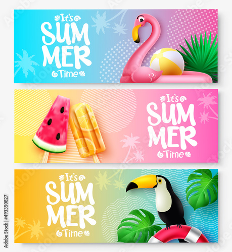 Summer vector banner set design. It's summer time text in colorful background with flamingo, toucan and popsicles elements for tropical season collection. Vector illustration.
