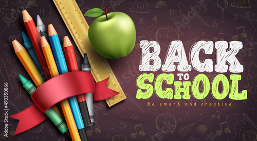 Back to school vector design. Back to school typography text in chalkboard background with doodle art and creativity supplies for educational smart and creative learning. Vector illustration.
