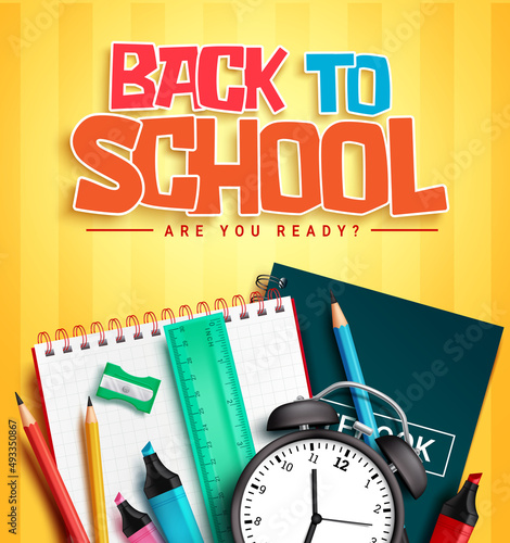 Back to school vector design. Back to school text with educational items of notebook and alarm clock in pattern background for learning supplies decoration. Vector illustration.
