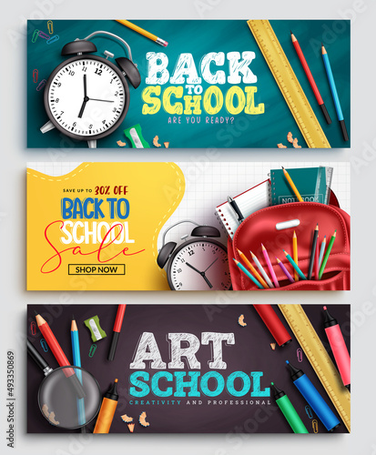 Back to school vector banner design. Back to school text with art creative elements in chalk board background for education items sale advertisement. Vector illustration.
