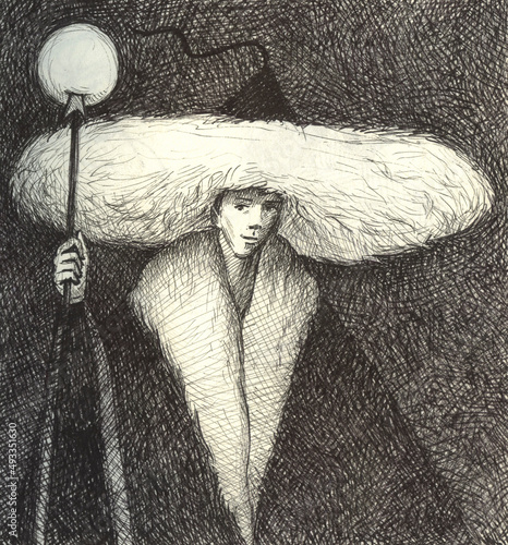 Hand ink drawing of a magical warrior with a spear