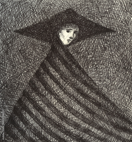 Hand ink drawing of a man in a striped robe