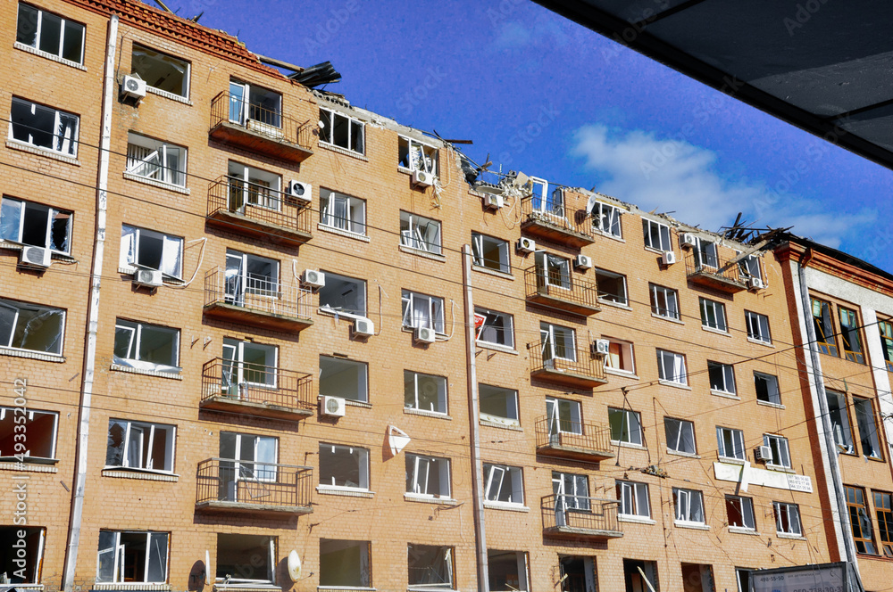 Kyiv, Ukraine, 17 March 2022: War of Russia against Ukraine. A residential building damaged by enemy aircraft in Ukrainian capital Kyiv, apartments destroyed following Russian rocket attack city