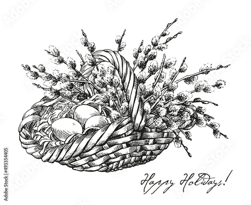 Easter Wicker basket with branches willows and eggs. Holiday composition. Hand drawn illustration for greeting card,decoration 