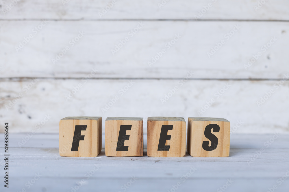 fees concept written on wooden cubes or blocks, on white wooden background.