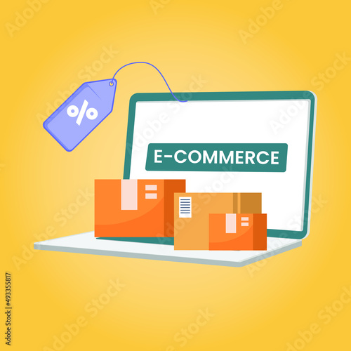 Box cartons with on a laptop keyboard and sale discount. Online shopping, ecommerce and delivery service concept vector illustration.