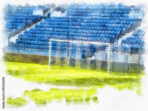 stadium football field watercolor style illustration impressionist painting. © Kittipong