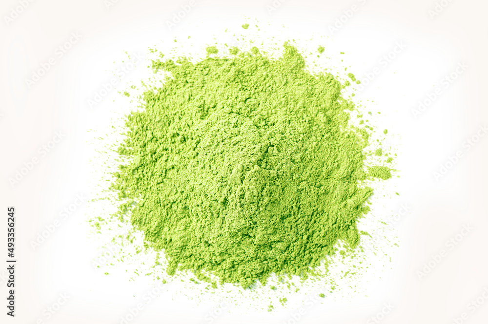Top view. Matcha powder isolated on white background. Top view. Matcha powder isolated on white background.