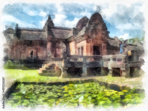 Ancient stone castle and ancient pattern art in Thailand watercolor style illustration impressionist painting.