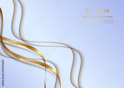 Abstract 3d white and gold curved ribbon on light blue background with lighting effect and sparkle with copy space for text. Luxury design style.