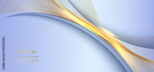 3D modern luxury template design golden wave stripes line with light glow effect on soft blue background.