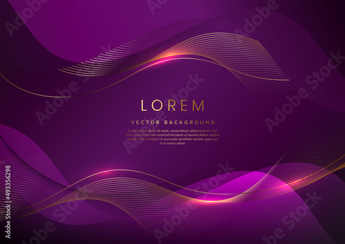 Luxury concept template 3d violet curve shape on violet elegangt background and golden ribbon line with copy space for text.