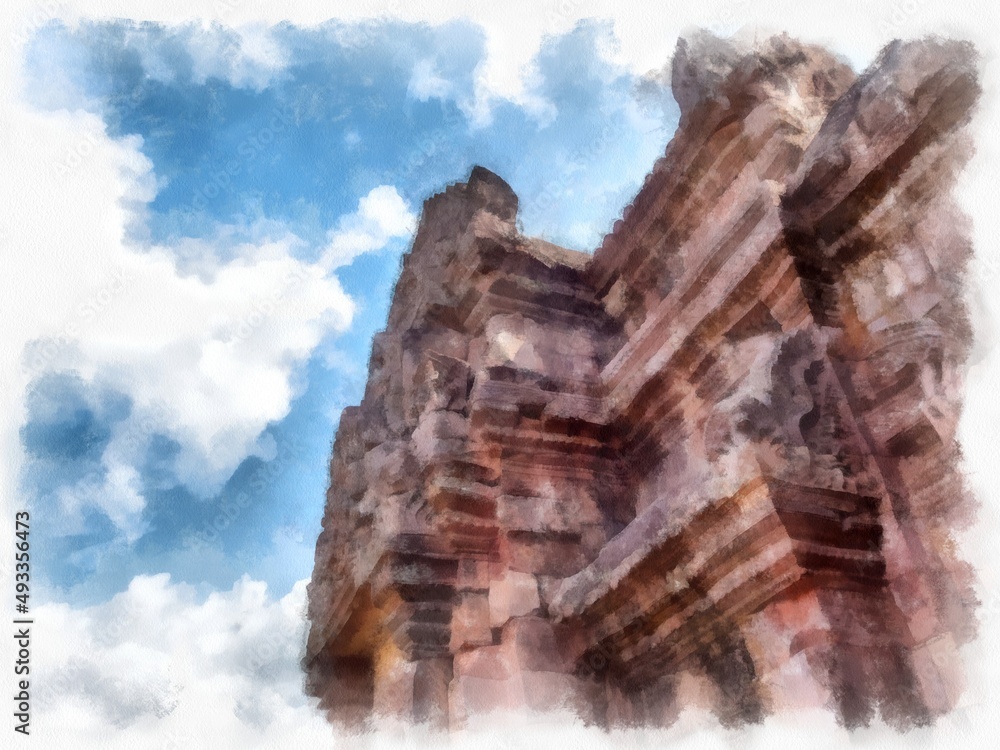 Ancient stone castle and ancient pattern art in Thailand watercolor style illustration impressionist painting.
