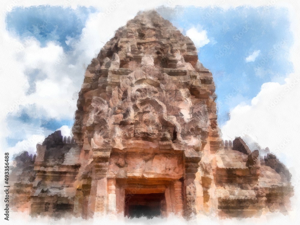 Fototapeta premium Ancient stone castle and ancient pattern art in Thailand watercolor style illustration impressionist painting.