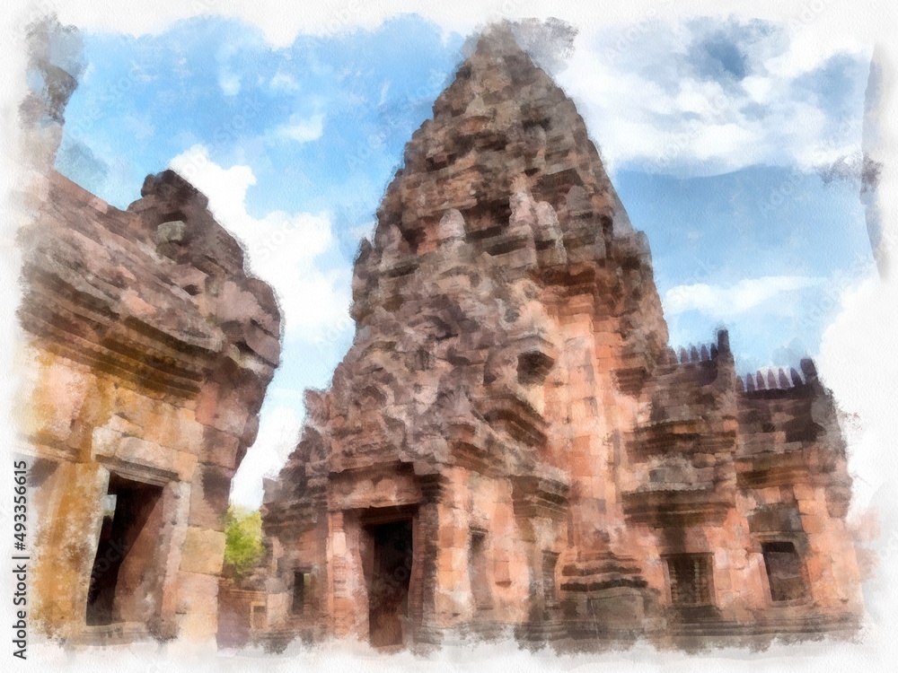 Ancient stone castle and ancient pattern art in Thailand watercolor style illustration impressionist painting. Ancient stone castle and ancient pattern art in Thailand watercolor style illustration impressionist painting.