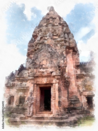 Ancient stone castle and ancient pattern art in Thailand watercolor style illustration impressionist painting. © Kittipong