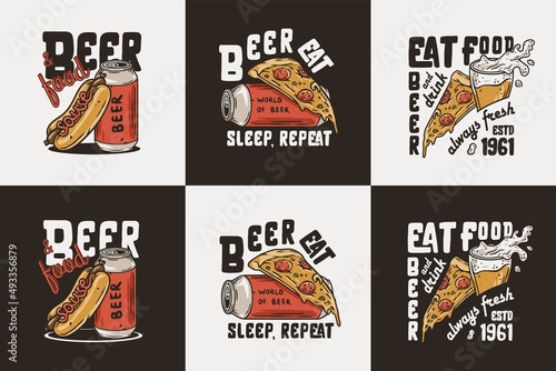 Beer can and mug with pizza and hot dog for print bistro. Original brew design with tin of beer and hotdog or fast food for bar