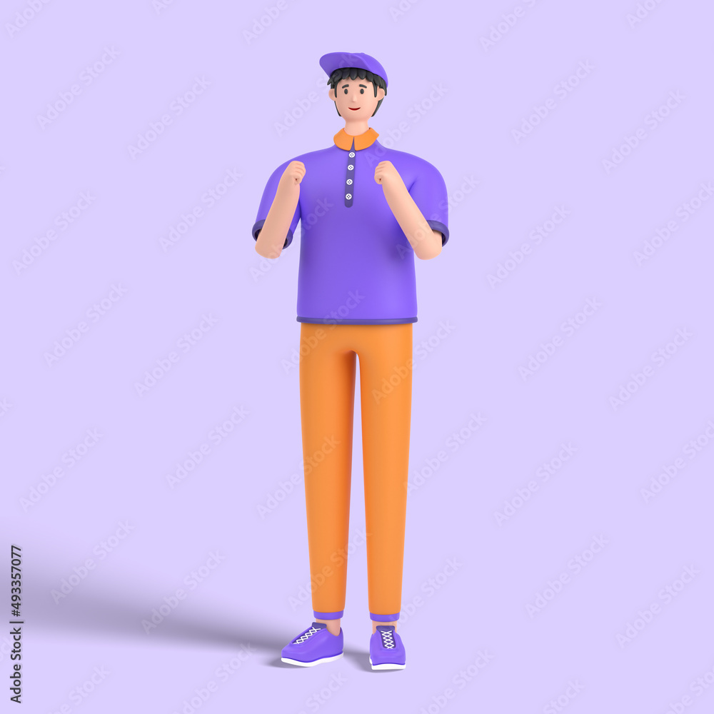 3d male character Winning gesture, expressing positive emotion. Successful smiling, showing strength with fists