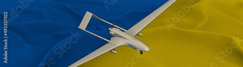 Axonometric View of Ukrainian Military Drone on Blue and Yellow Flag. Russia Ukraine War Conflict Geopolitical Concept. 3D rendering photo
