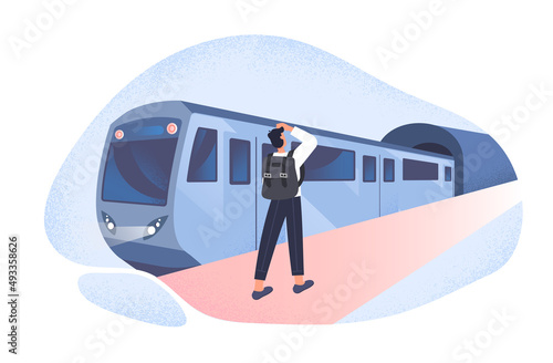 High speed train locomotive concept. Young man with backpack on his shoulders standing on platform and waiting for vehicle to travel. Vacations and tourism. Cartoon modern flat vector illustration