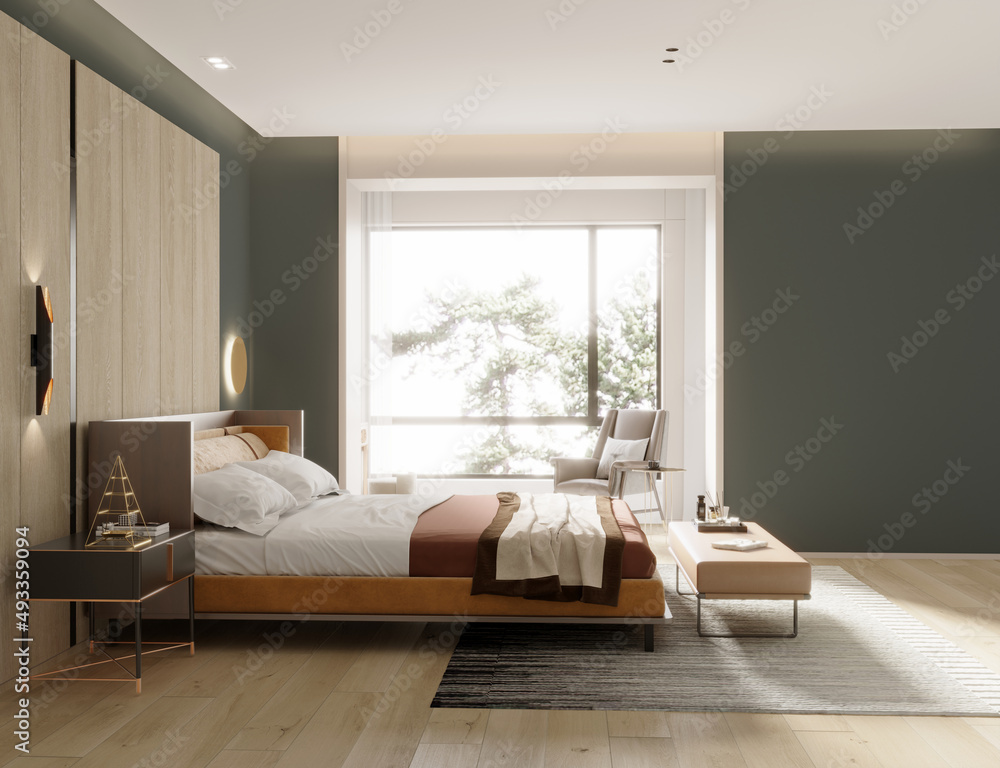Fototapeta premium 3d render of luxury hotel room, bedroom