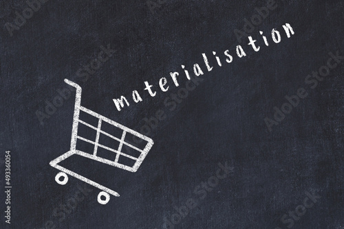 Chalk drawing of shopping cart and word materialisation on black chalboard. Concept of globalization and mass consuming photo