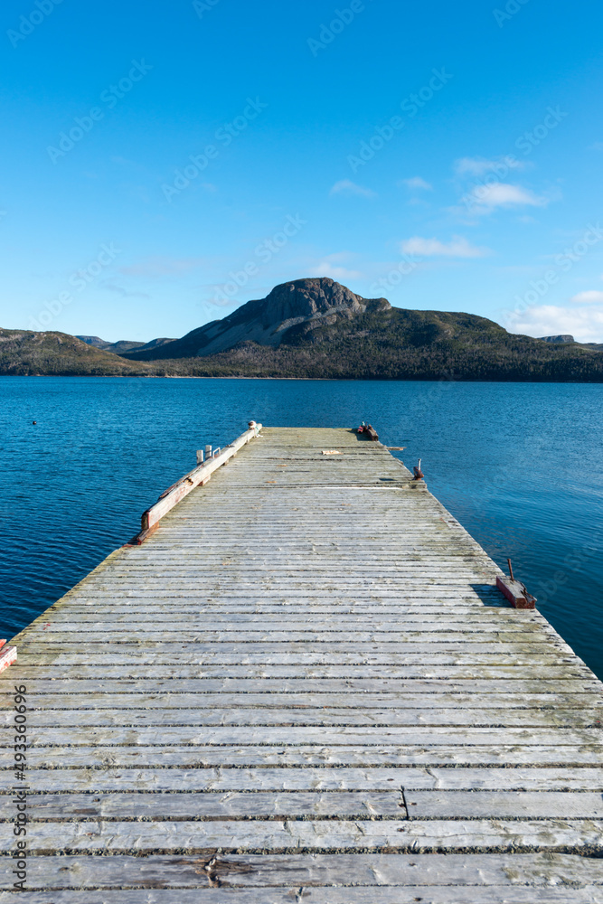 An old wooden pier with a yellow color mooring deck. The wharf juts out into the calm ocean with tree covered mountains in the bay or cove. The sky and water are clear deep blue colors. 