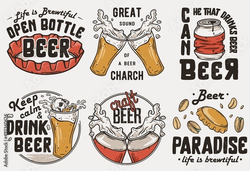 Beer set with can and cheer mug for brewing print. Vector brew design with cap and glass for bar