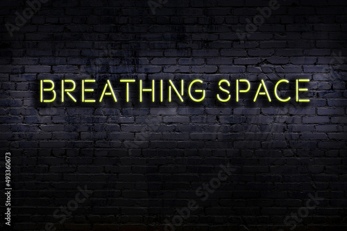 Bild auf Leinwand Neon sign. Word breathing space against brick wall. Night view