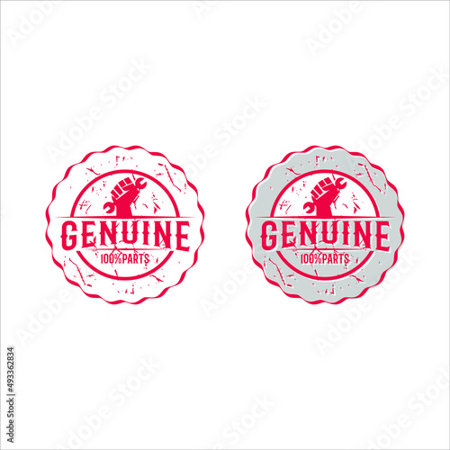 Two flat design circle stamp or label idea of genuine product