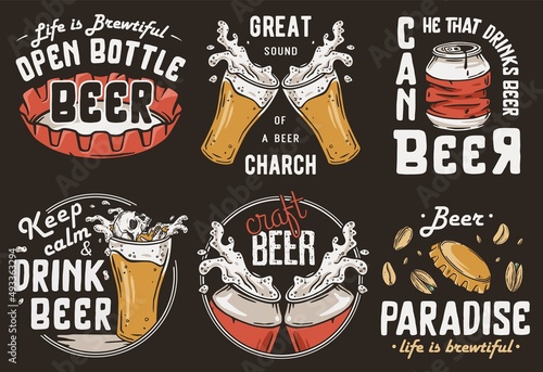 Beer set with can and cheer mug for brewing print. Vector brew design with cap and glass for bar