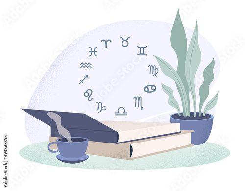 Modern astrology concept. Colorful poster with zodiac signs hovering over open book and cup of hot coffee. Creating natal chart at home. Predicting future or fate. Cartoon flat vector illustration