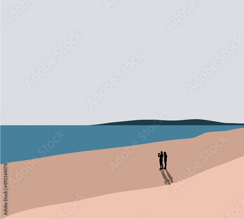Silhouette couple walking together on beach. Vector illustration. Panoramic wallpaper with seascape.