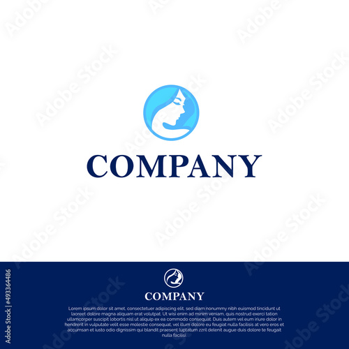 Woman face logo design. Vector illustration. Girl profile silhouette for cosmetics, beauty, health and spa, fashion themes. Creative blue female icon with close eyes isolated on white.