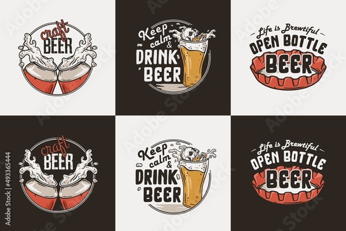 Beer set with can and mug for brewing. Vector brew design with cap and glass for bar or pub