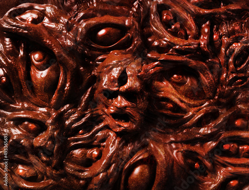 3d render illustration of scary wall surface made of monster mutant faces and eyes.