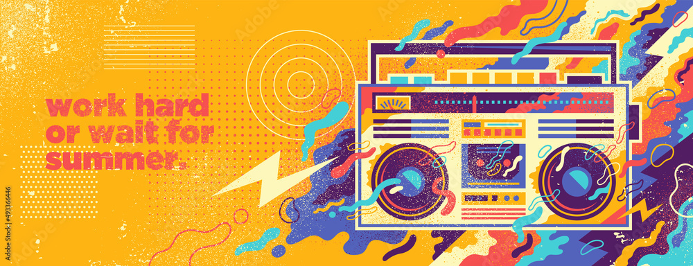 Fototapeta premium Abstract lifestyle background design with retro boombox and colorful splashing shapes. Vector illustration.