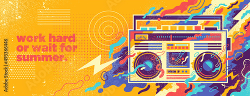 Abstract lifestyle background design with retro boombox and colorful splashing shapes. Vector illustration.