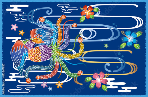 沖縄の伝統工芸琉球紅型の鳳凰デザイン