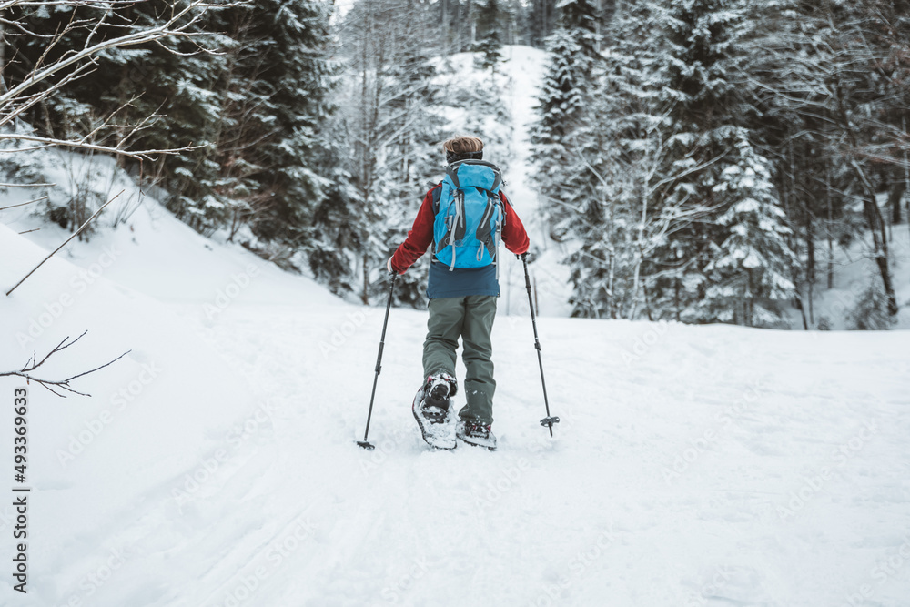 young boy snow shoe hiking young boy snow shoe hiking
