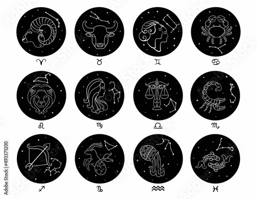 Vector illustration. Set of images of zodiac signs and their constellations. 
White outline on a black background. Astrology
