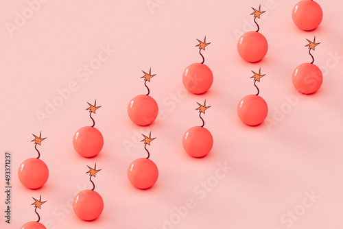 rows of Pink bombs with copy space. 3d render