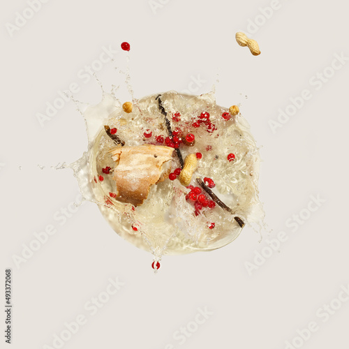 Champagne brut wine splash and aromas flying in the air
