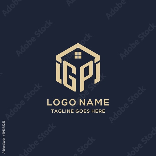 Initials GP logo with abstract home roof hexagon shape, simple and modern real estate logo design