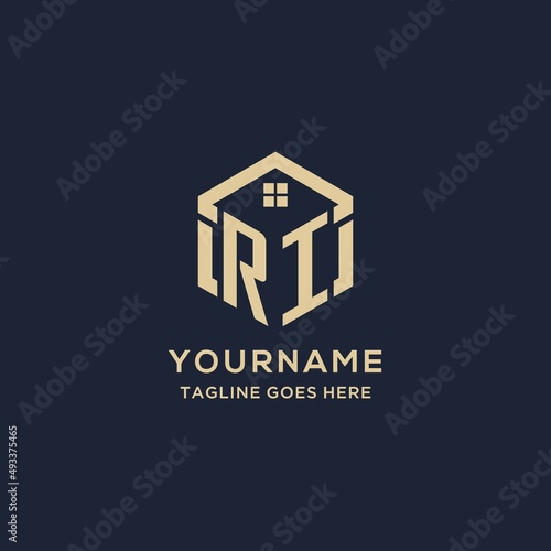 Initials RI logo with abstract home roof hexagon shape, simple and modern real estate logo design
